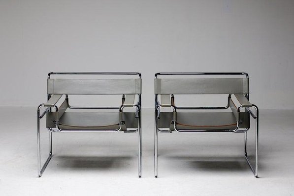 Grey Leather Wassily Armchairs by Marcel Breuer for Gavina, 1960s, Set of 2-WN-1812156