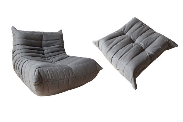 Grey Microfiber Togo Lounge Chair and Pouf by Michel Ducaroy for Ligne Roset, Set of 2-IXA-770167