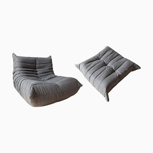 Grey Microfiber Togo Lounge Chair and Pouf by Michel Ducaroy for Ligne Roset, Set of 2-IXA-770167