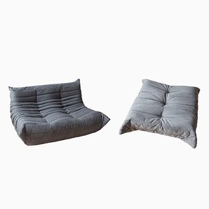 Grey Microfiber Togo Pouf and 2-Seat Sofa by Michel Ducaroy for Ligne Roset, Set of 2-IXA-624534