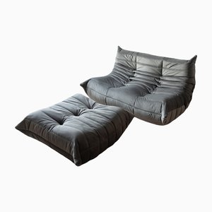 Grey Velvet Togo Pouf and 2-Seat Sofa by Michel Ducaroy for Ligne Roset, Set of 2-IXA-1279482