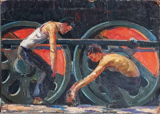 Grigol Chirinashvili, Depo Workers, 1957, Oil on Cardboard-CHG-1354925