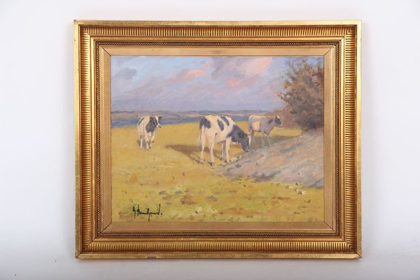 Gunnar Bundgaard, Grazing Cattle by the Fjord, 20th-Century, Oil on Canvas, Framed-DQ-1295898