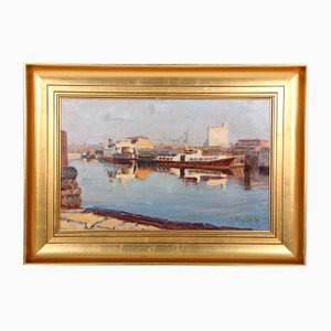 Gunnar Bundgaard, Harbor Motif, 1970s, Oil on Canvas, Framed-DQ-1295982