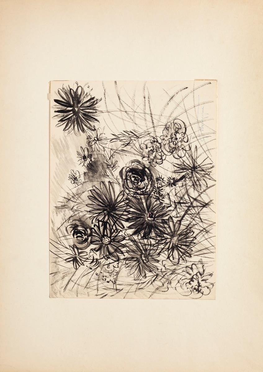 Gustave Bourgogne, Flowers Composition, China Ink and Watercolor, Mid-20th Century