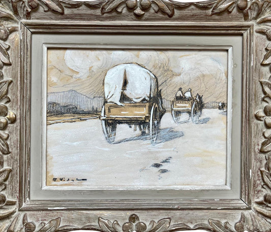 Gustave Vidal, The Caravans, Charcoal and Poster Paint on Panel, 20th Century, Framed