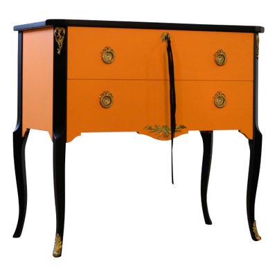 Gustavian Style Commode in Orange & Black with Brass Details, 1950s-VTA-1440755