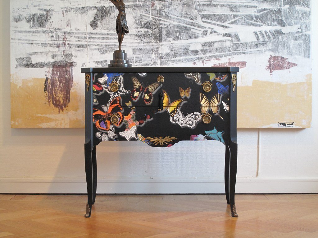 Gustavian Style Commode with Butterfly Christian Lacroix Design, 1950s