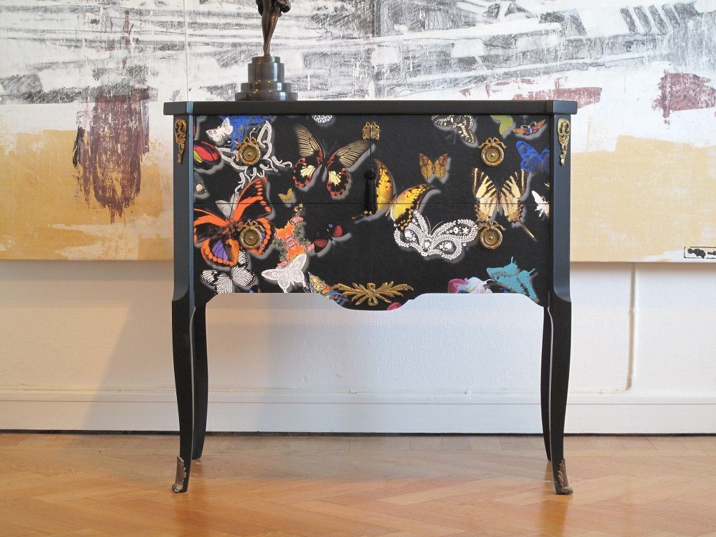 Gustavian Style Commode with Butterfly Christian Lacroix Design, 1950s