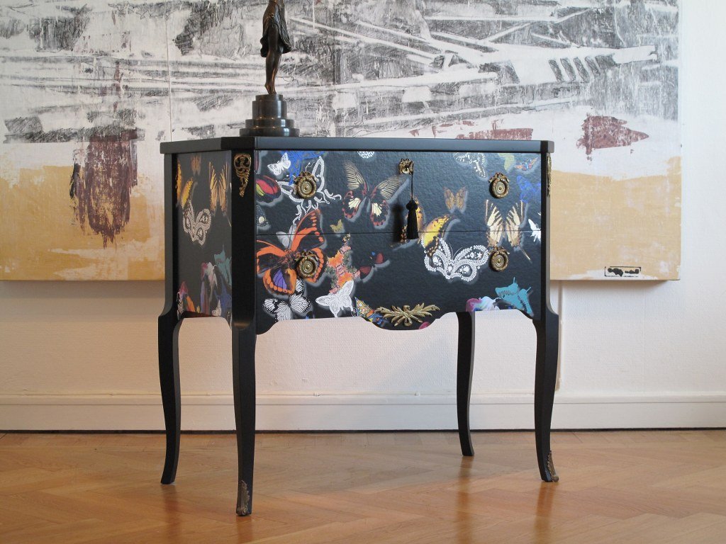 Gustavian Style Commode with Butterfly Christian Lacroix Design, 1950s