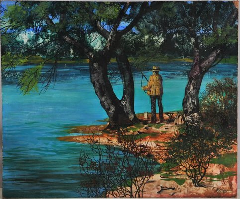 György Korga, Genre Painting of a Fisherman at a Lake, 1970s, Oil on Board-QOR-2017336