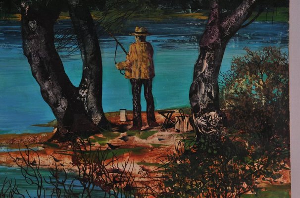 György Korga, Genre Painting of a Fisherman at a Lake, 1970s, Oil on Board-QOR-2017336