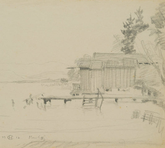 H. Christiansen, Footbridge and Huts on Lake Starnberg, 1917, Pencil