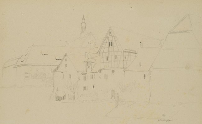 H. Christiansen, Half -Timbering and Dominican Church in Bad Wimpfen, 1922, Pencil-OJR-1273368