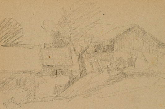 H. Christiansen, Sketch of a Farmstead, 1923, Pencil