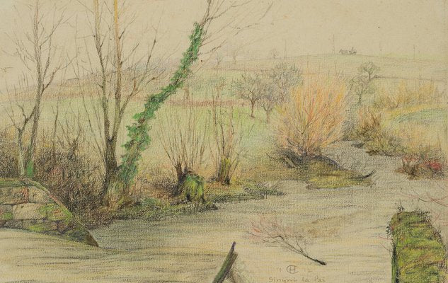 H. Christiansen, Stream landscape with willows near fallen fruit meadow, 1917, Pencil-OJR-1273346