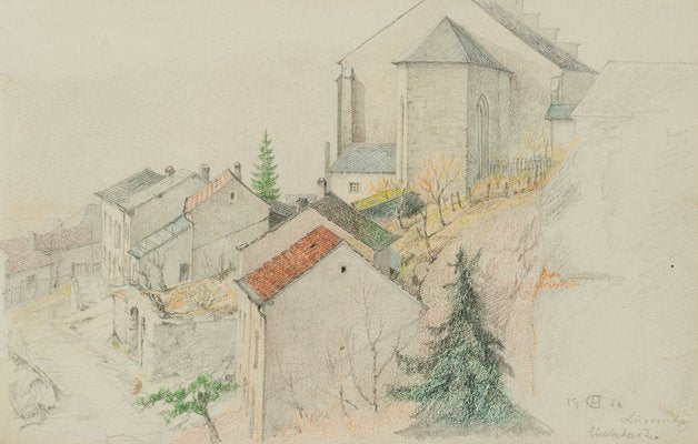 H. Christiansen, Street and Church in Fischbach in Luxembourg, 1924, Pencil-OJR-1273379