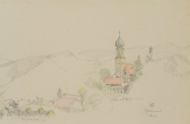 H. Christiansen, View of Grainau with St. John's Parish Church, 1922, Pencil-OJR-1273373