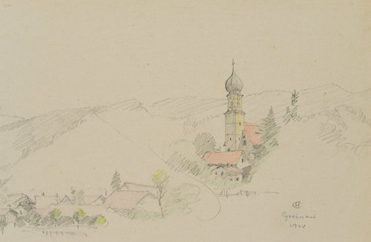 H. Christiansen, View of Grainau with St. John's Parish Church, 1922, Pencil