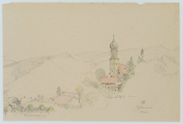 H. Christiansen, View of Grainau with St. John's Parish Church, 1922, Pencil-OJR-1273373