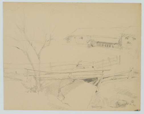 H. Christiansen, Wooden Footbridge and Mill near Gasteig, 1921, Pencil-OJR-1273361