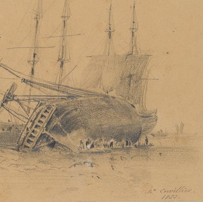 H. Cuvillier, Sailing ship keelhauling on the beach, 1853, Pencil-OJR-1273323