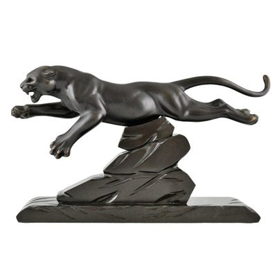 H. Gual, Art Deco Panther Sculpture, 1930, Metal & Marble-KTN-2028880