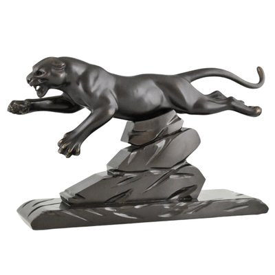 H. Gual, Art Deco Panther Sculpture, 1930, Metal & Marble-KTN-2028880