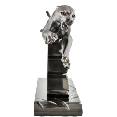 H. Gual, Art Deco Panther Sculpture, 1930, Metal & Marble-KTN-2028880