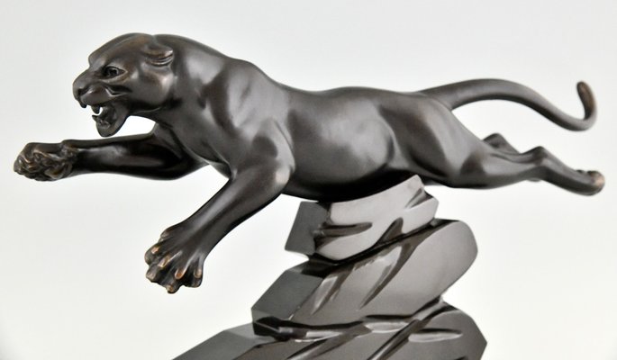 H. Gual, Art Deco Panther Sculpture, 1930, Metal & Marble-KTN-2028880