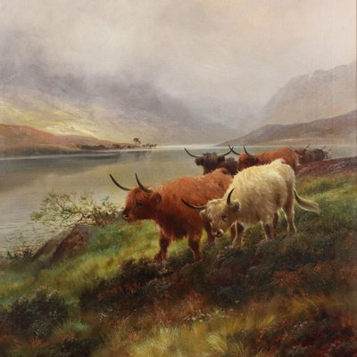 H. Robinson Hall, Highland Cattle, Loch Venachar, 1800s, Oil on Canvas-VMM-2028486