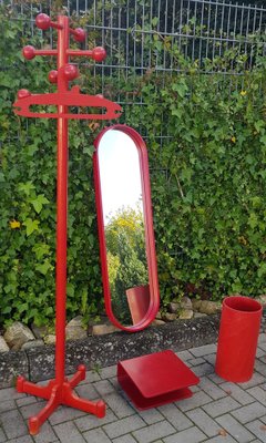 Hallway Coat Rack with Mirror, Storage and Umbrella Stand in Red, 1970s, Set of 4-QDP-1033029