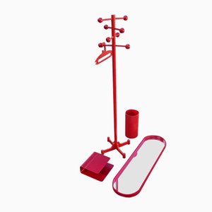 Hallway Coat Rack with Mirror, Storage and Umbrella Stand in Red, 1970s, Set of 4-QDP-1033029