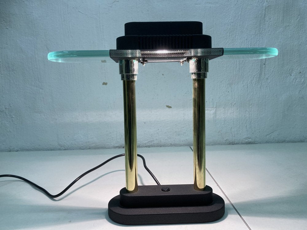 Halogen Table Lamp in Brass Chrome Glass, 1980s