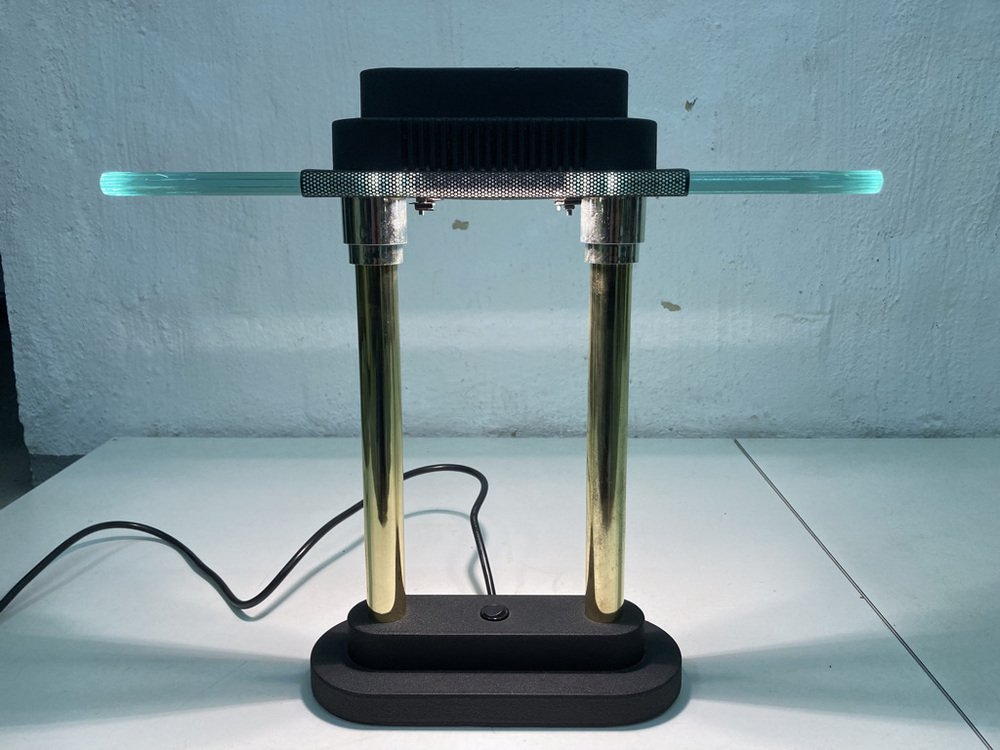 Halogen Table Lamp in Brass Chrome Glass, 1980s