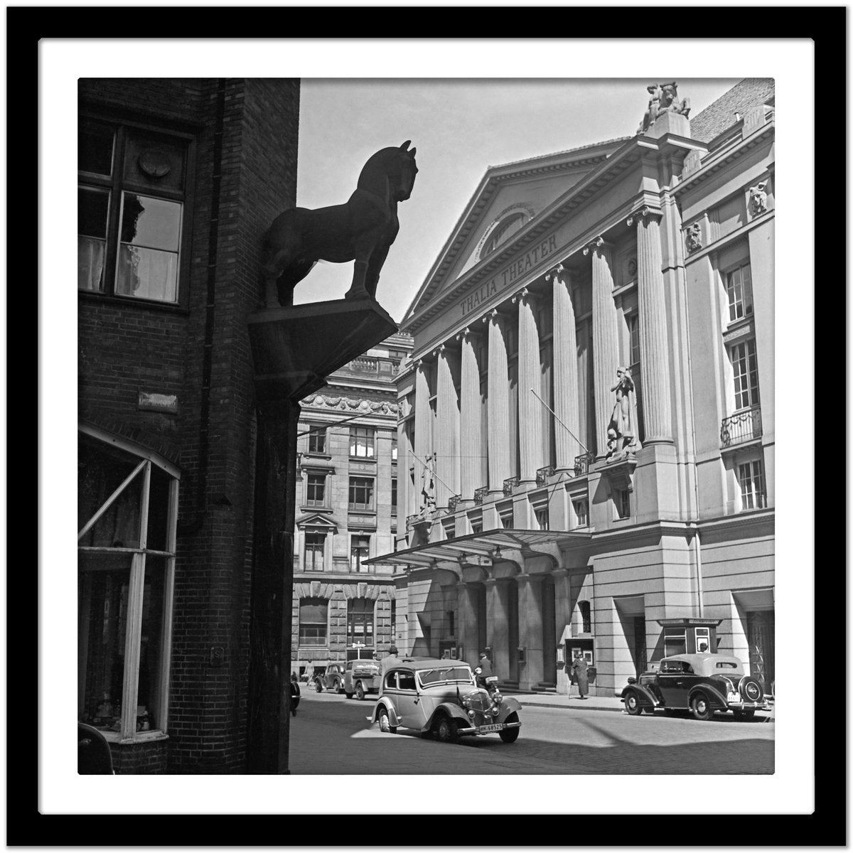 Hamburg Thalia Theatre Cars and Horse Sculpture, Germany 1938, Printed 2021