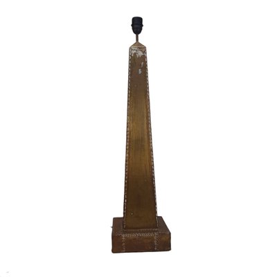 Hammered Brass and Chrome Plates on Wood Table Lamp in a Shape of Obelisk by Rodolfo Dubarry. Marbella Spain 1980s-TCS-1254580