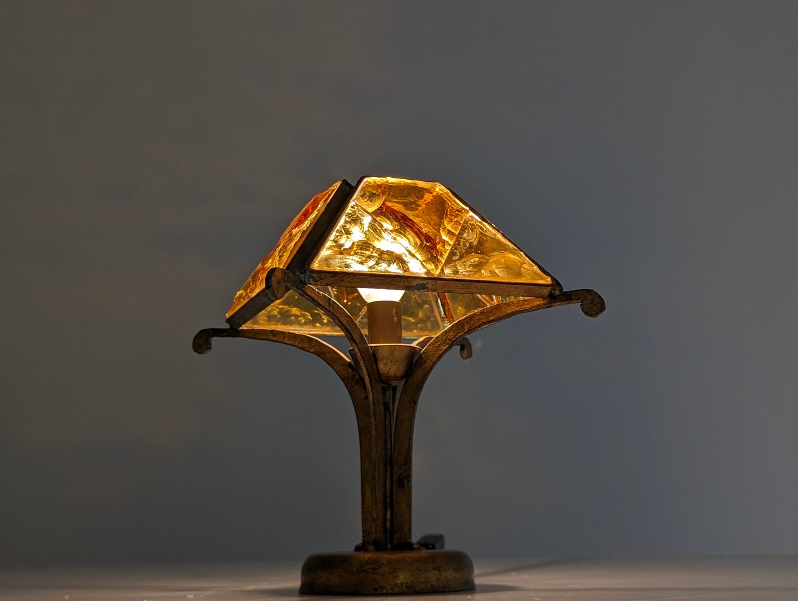 Hammered Glass and Wrought Iron Table Lamp attributed to Longobard, Italy, 1970s