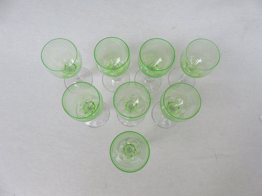 Hand Blown Art Nouveau Uranium Glass Wine Glasses, Set of 8-EY-828726