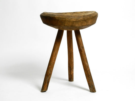 Hand-Carved 3-Legged Wood Stool, 1900s