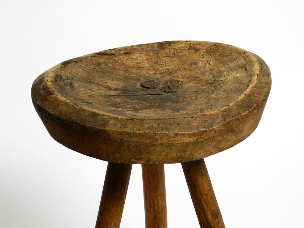 Hand-Carved 3-Legged Wood Stool, 1900s