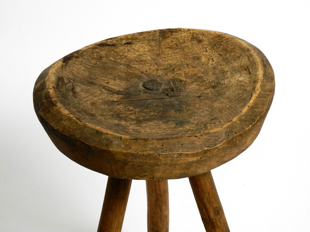 Hand-Carved 3-Legged Wood Stool, 1900s