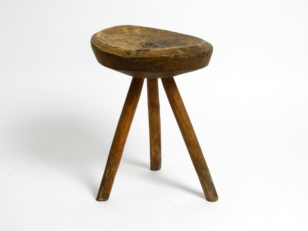 Hand-Carved 3-Legged Wood Stool, 1900s