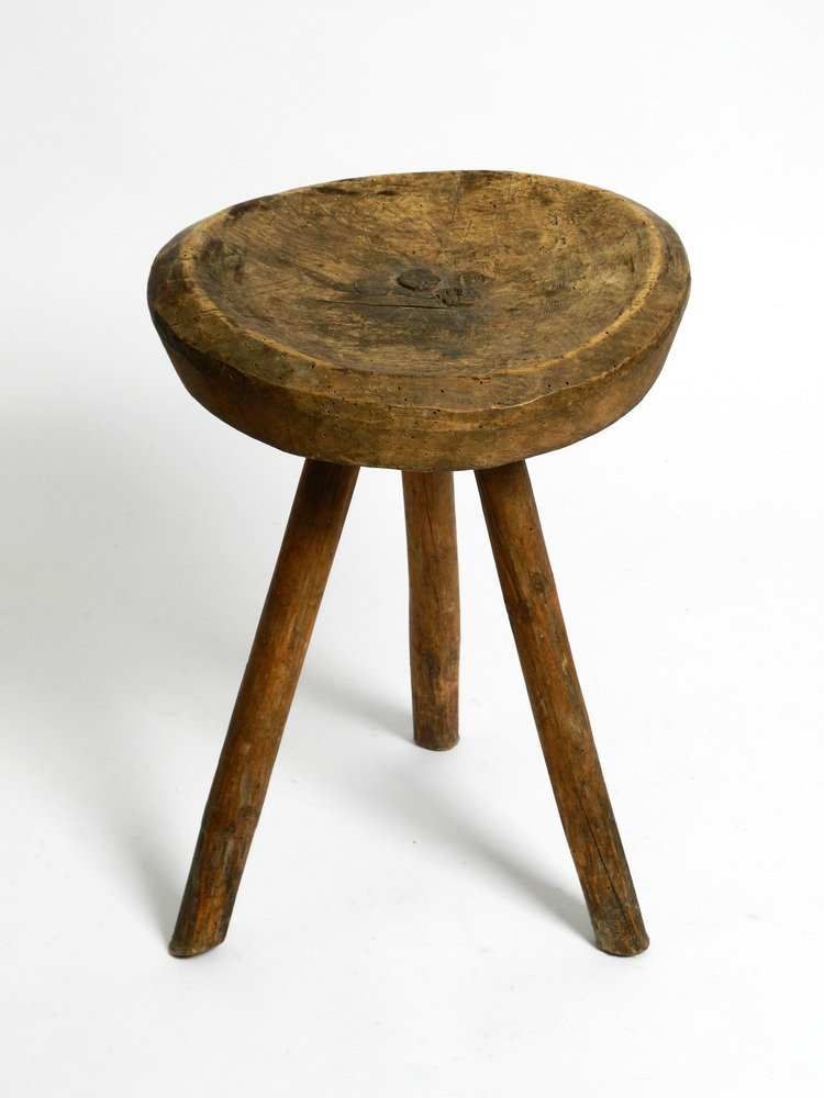 Hand-Carved 3-Legged Wood Stool, 1900s