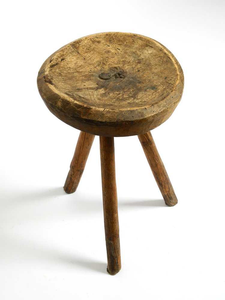 Hand-Carved 3-Legged Wood Stool, 1900s