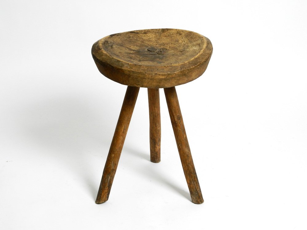 Hand-Carved 3-Legged Wood Stool, 1900s