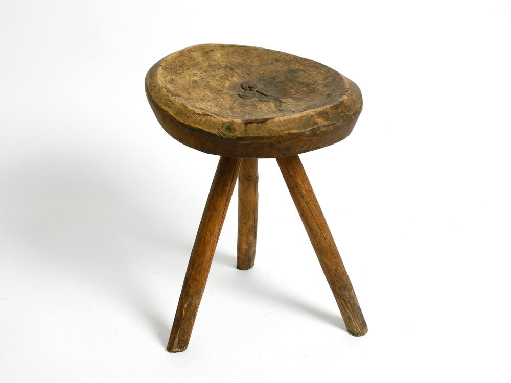 Hand-Carved 3-Legged Wood Stool, 1900s