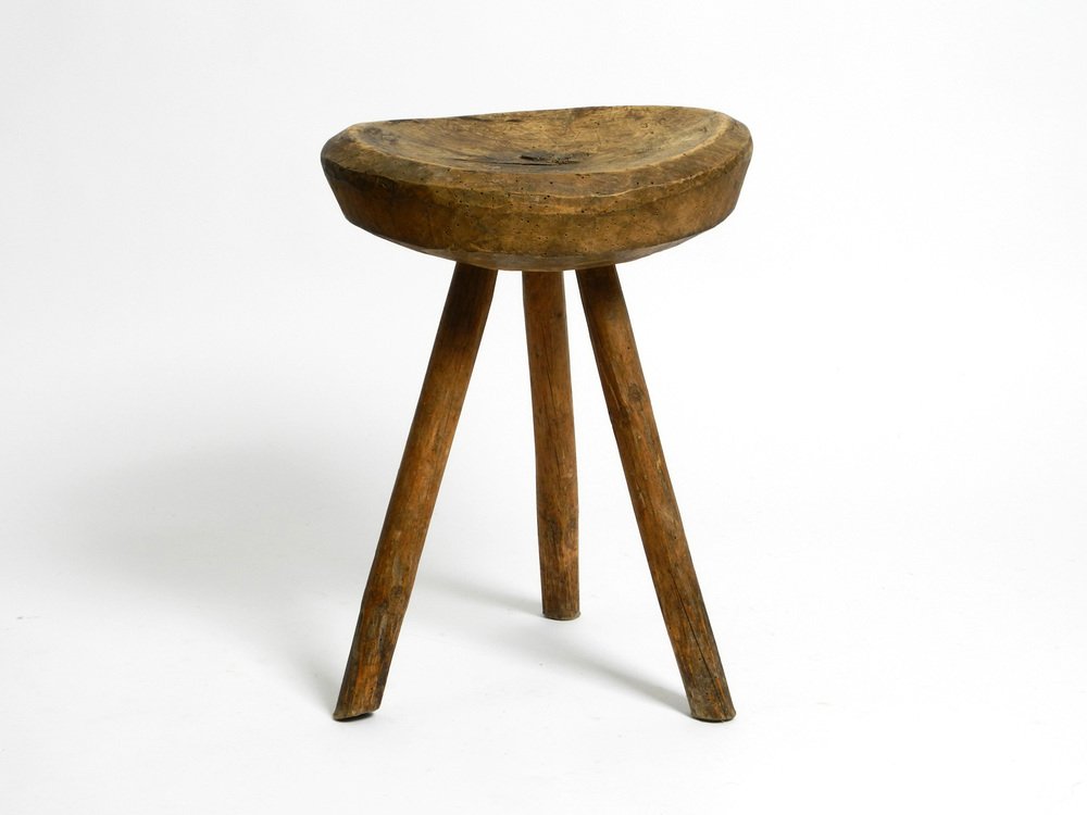 Hand-Carved 3-Legged Wood Stool, 1900s