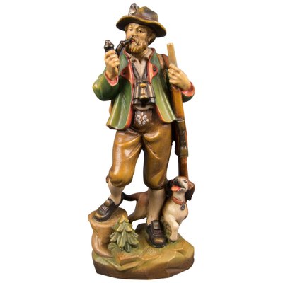 Hand Carved and Hand Painted Wooden Sculpture of a Hunter with Dog-KEG-1086461