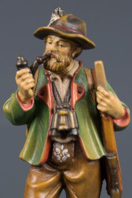 Hand Carved and Hand Painted Wooden Sculpture of a Hunter with Dog-KEG-1086461